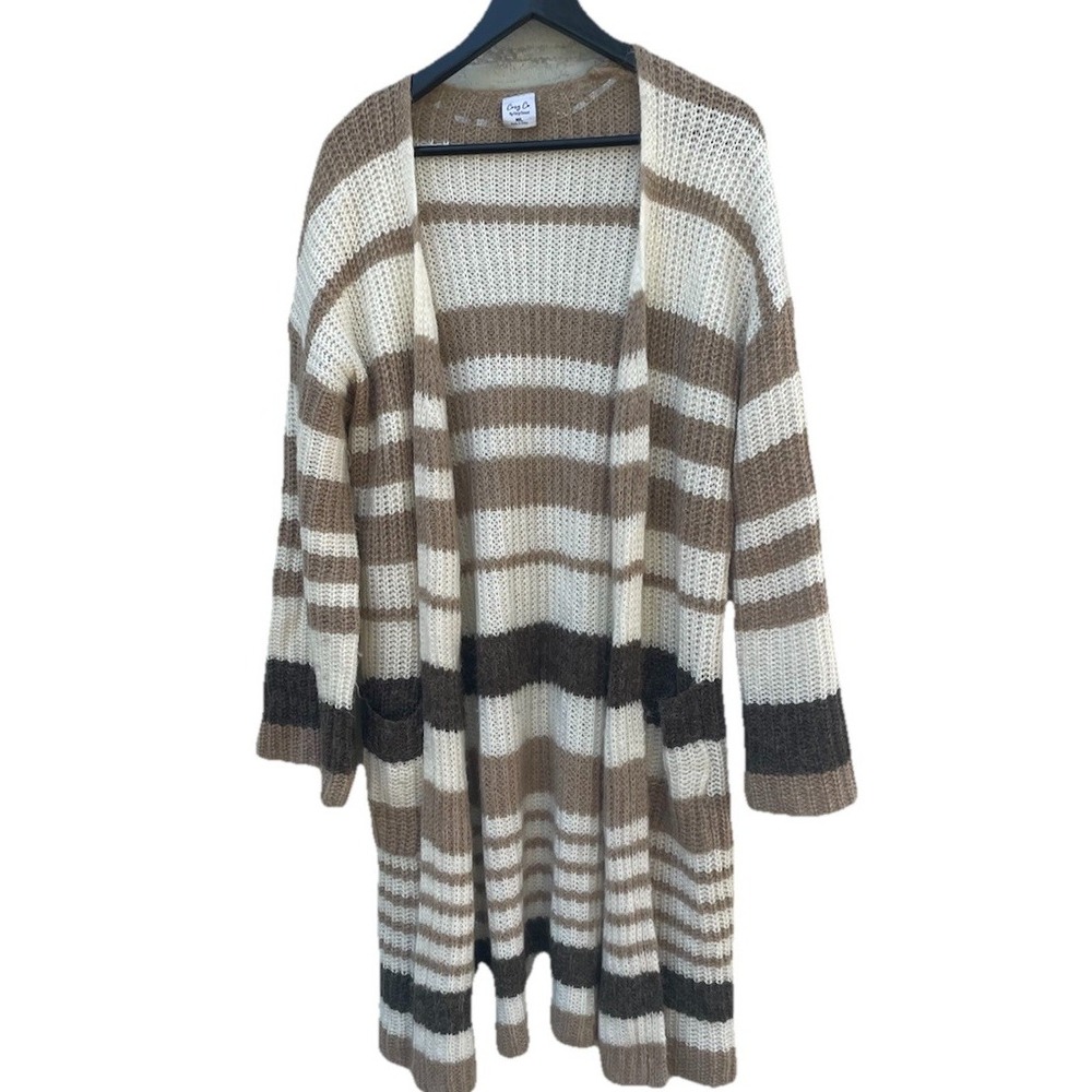 Cozy Co Casual Women's Long Cardigan Neutral Brown Stripe M/L Duster